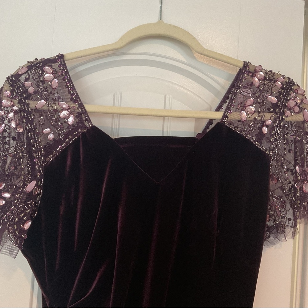 Xscape Rich Purple Velvet Gown with Sparkling Details - Picture 4 of 11